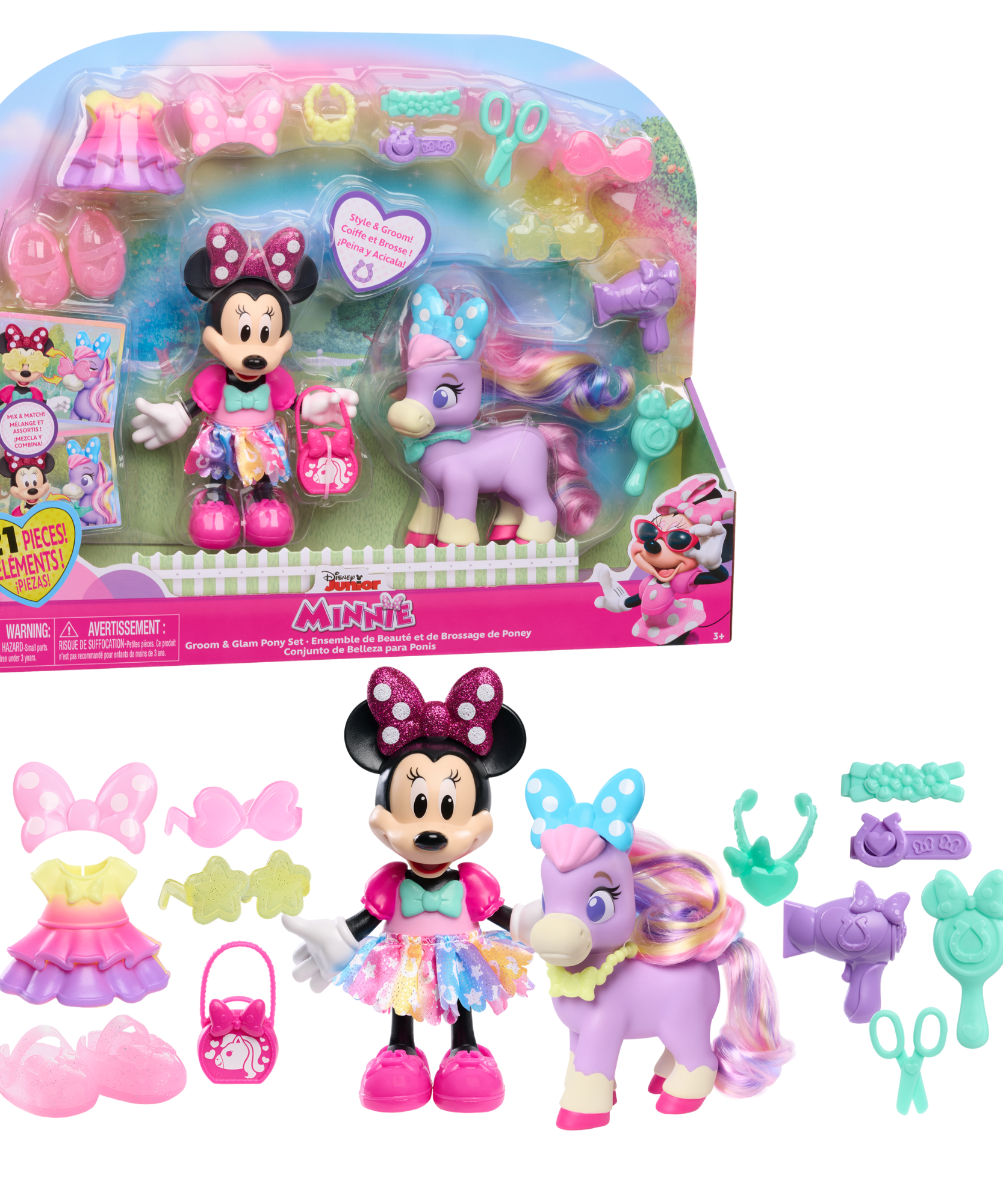 Disney Minnie Mouse Groom & Glam Pony Set, 21-Piece Doll and Accessories Set, Dress Up and Pretend Play Toy, Officially Licensed Kids Toy for Ages 3 & Up by Just Play