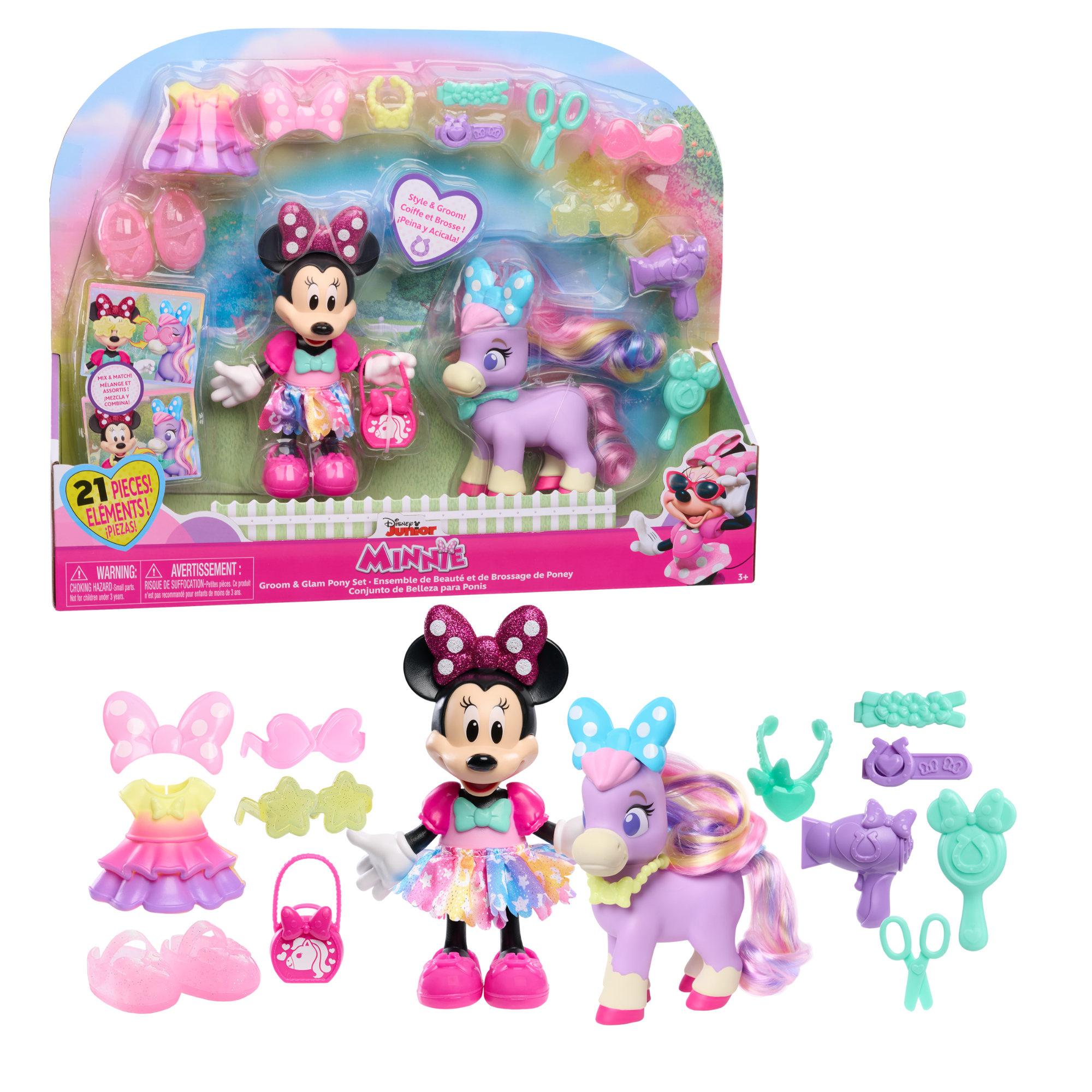 Disney Minnie Mouse Groom & Glam Pony Set, 21-Piece Doll and Accessories Set, Dress Up and Pretend Play Toy, Officially Licensed Kids Toy for Ages 3 & Up by Just Play
