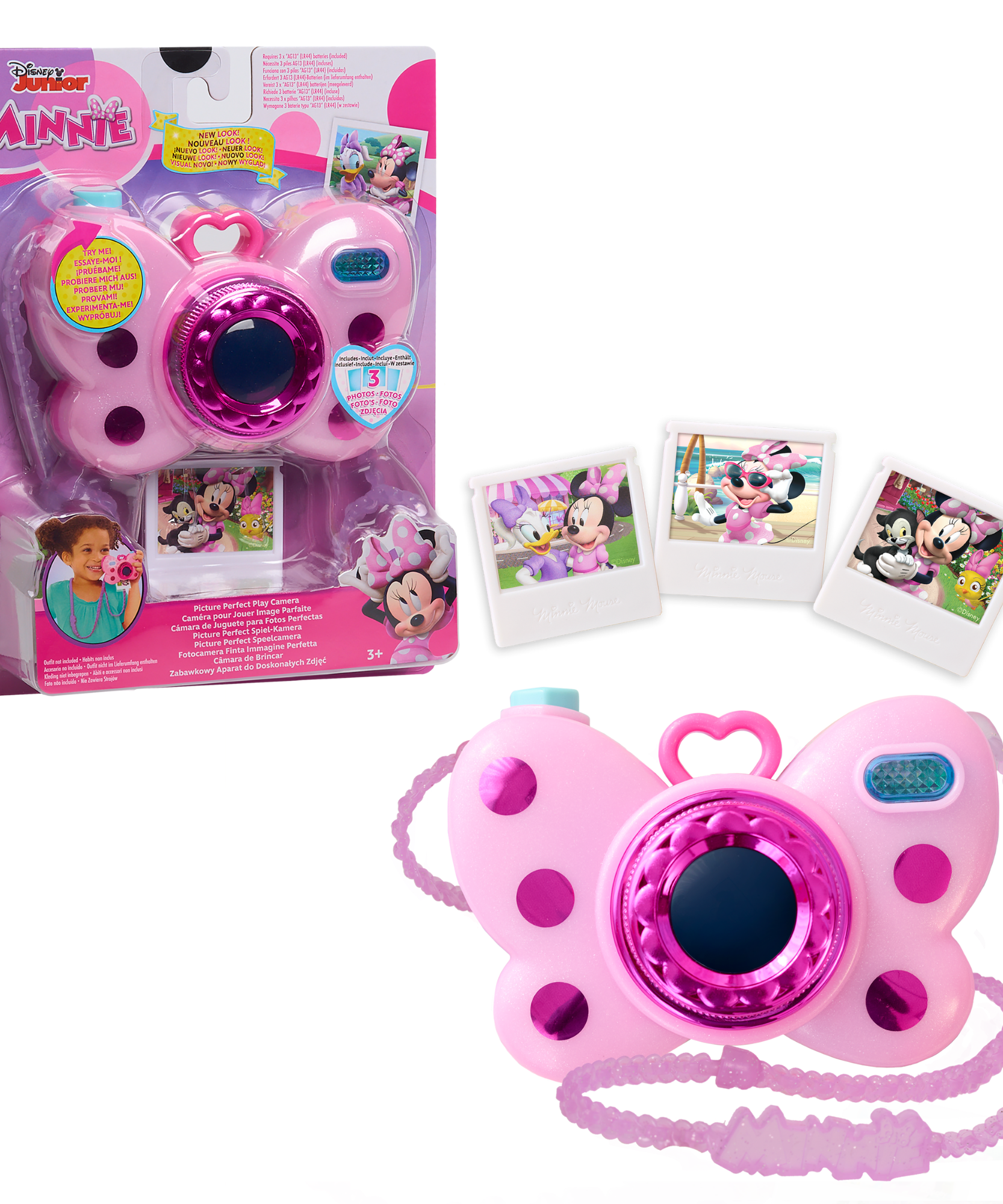 Disney Minnie Mouse Picture Perfect Play Camera with Double-Sided Photos, 4-Piece Preschool Pretend Play Toy with Lights and Sounds, Officially Licensed Kids Toy for Ages 3 & Up by Just Play
