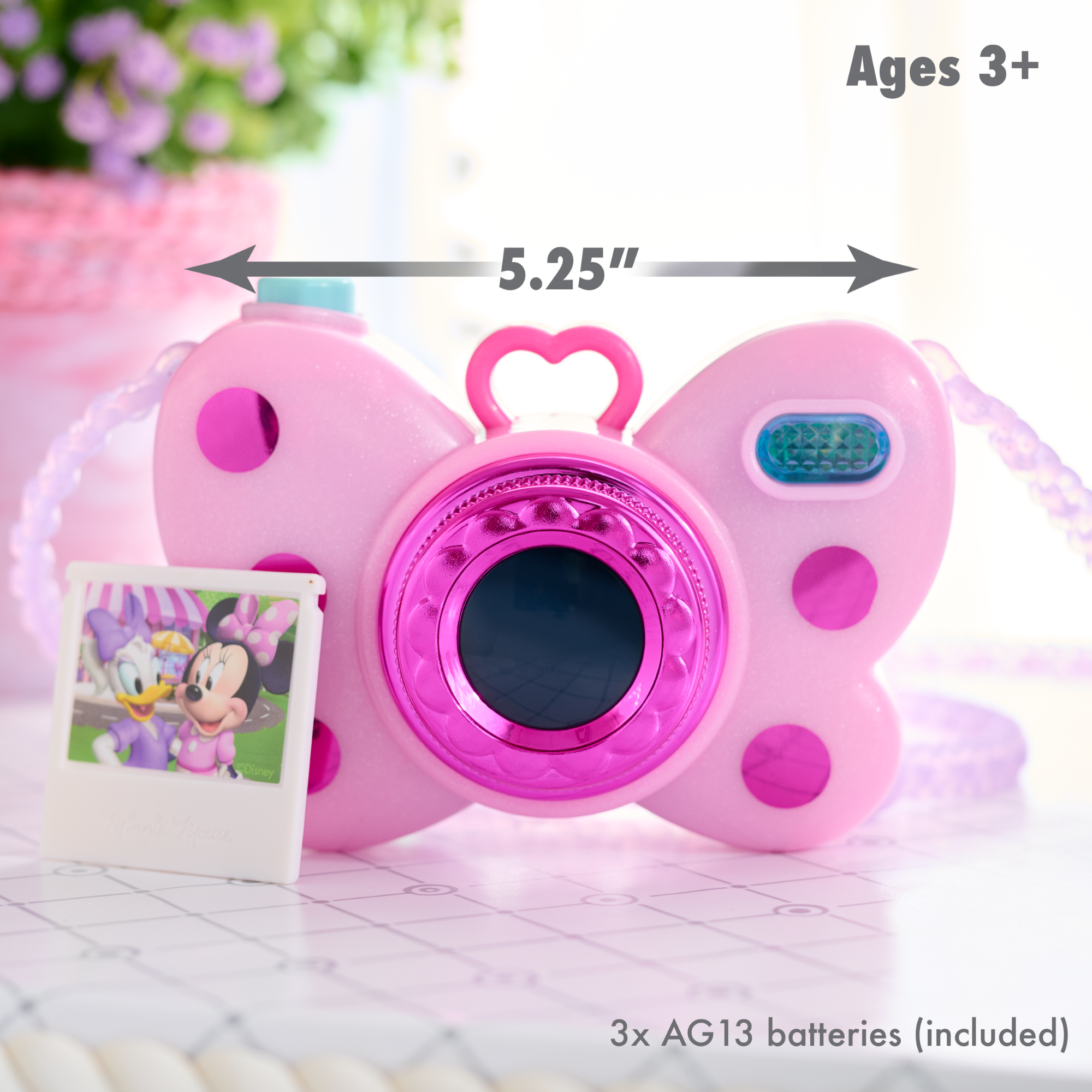 Disney Minnie Mouse Picture Perfect Play Camera with Double-Sided Photos, 4-Piece Preschool Pretend Play Toy with Lights and Sounds, Officially Licensed Kids Toy for Ages 3 & Up by Just Play