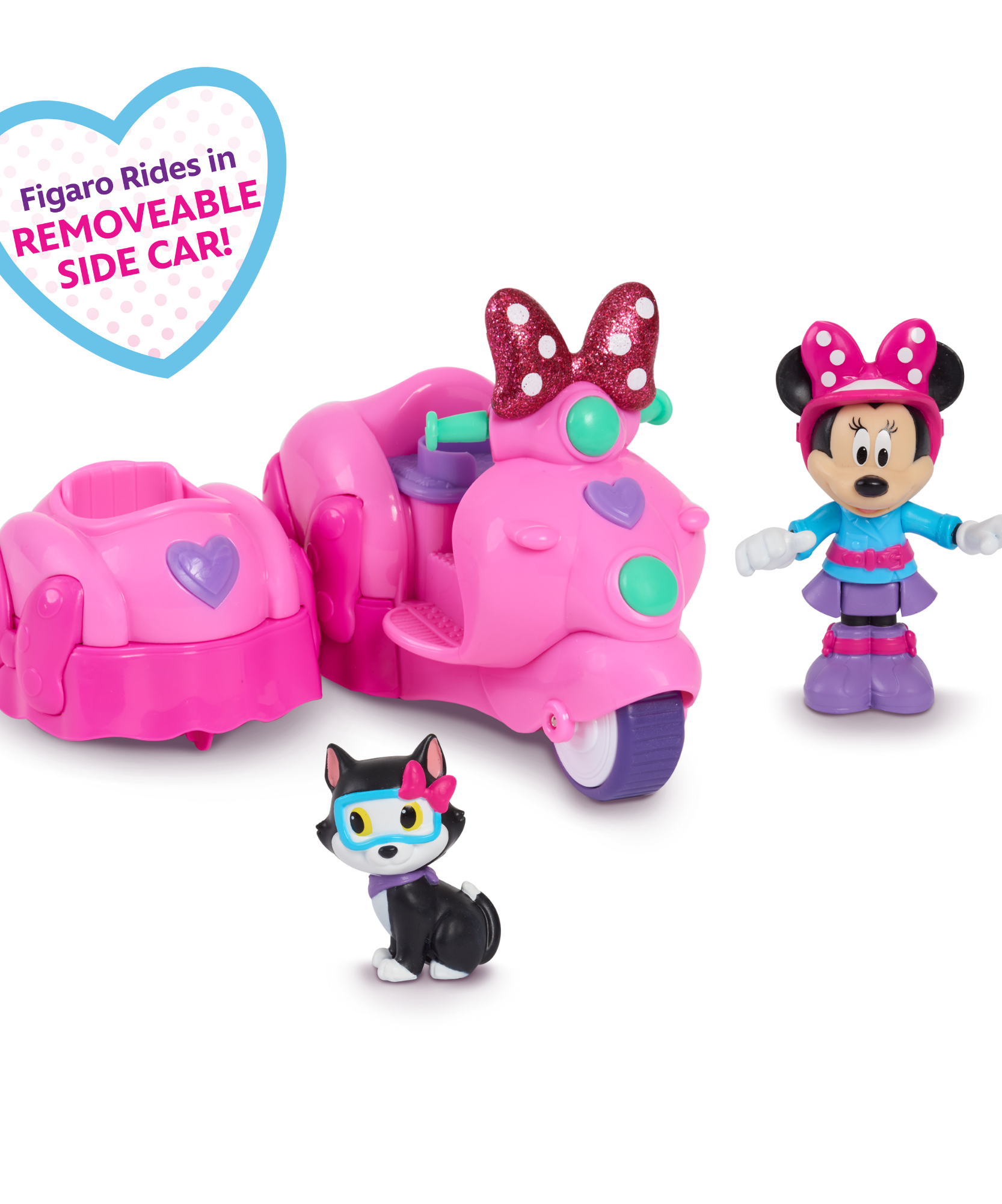 مجموعة مركبة وشخصية ديزني ميني ماوس وفيجارو، سكوتر مع سيارة جانبية قابلة للإزالة، شخصية قابلة للتجميع، لعبة أطفال مرخصة رسميًا للأعمار من 3 سنوات فما فوق من جاست بلاي
