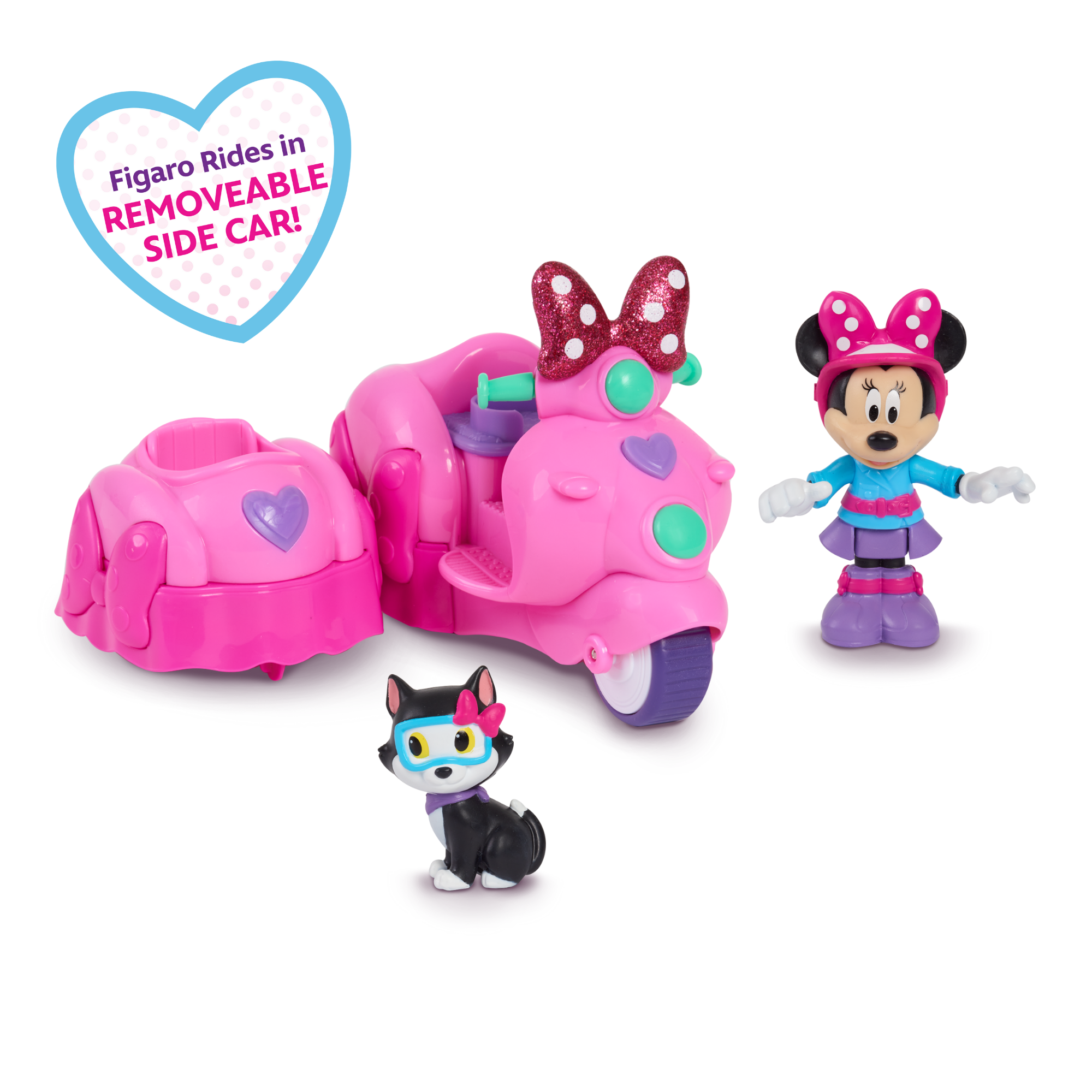 مجموعة مركبة وشخصية ديزني ميني ماوس وفيجارو، سكوتر مع سيارة جانبية قابلة للإزالة، شخصية قابلة للتجميع، لعبة أطفال مرخصة رسميًا للأعمار من 3 سنوات فما فوق من جاست بلاي
