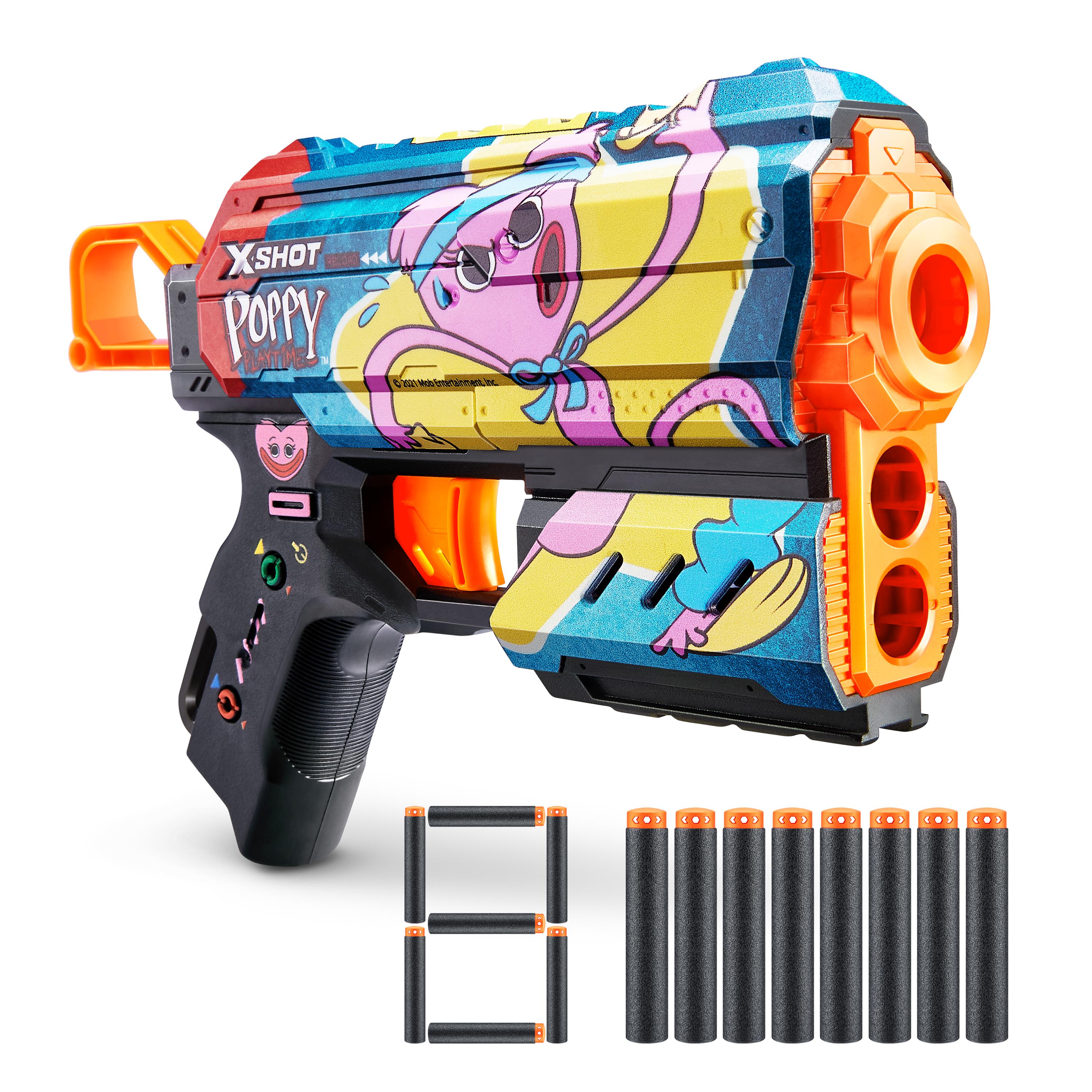 XSHOT Skins Flux, Poppy Playtime Jumpscare Edition (8 Darts), Foam Dart Blaster with Air Pocket Dart Technology, Shoots up to 27m, Collectible Toy Gun for Kids Ages 8+, Boys, Girls, Teens
