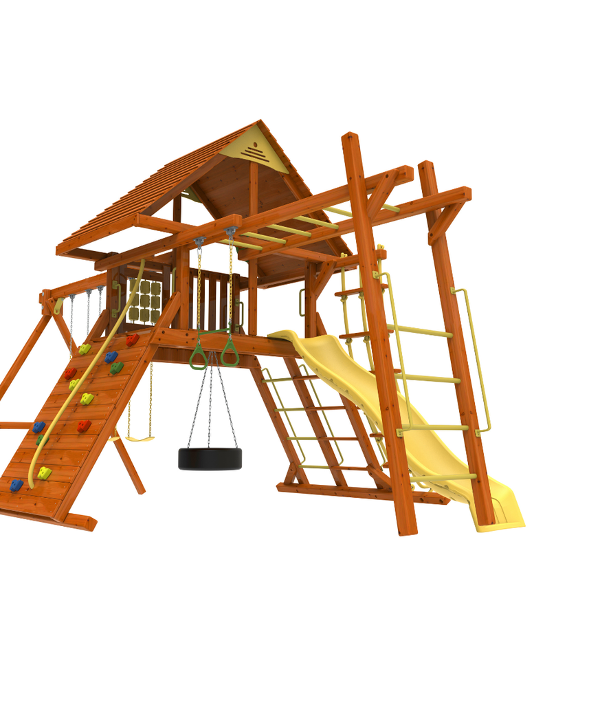 Kiddoro Discovery Den with Monkey Bars Wooden Swing Set, Backyard Playground with Slide, Swings, Climbing Wall & Clubhouse, Kids 2+ Years