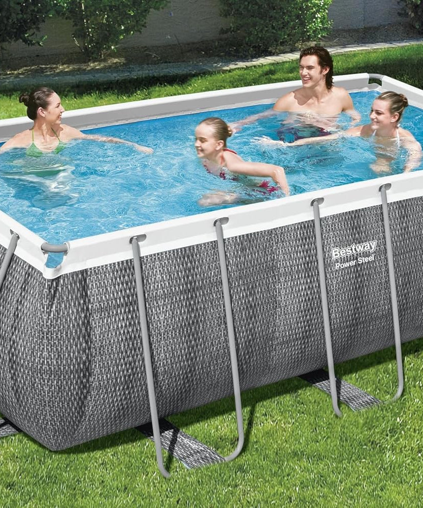 Bestway Power Steel™ Rectangular Above Ground Pool Set 13'6" x 6'7" x 48" (4.12m x 2.01m x 1.22m), Grey Rattan Design, Filter Pump & Ladder Included – Ages 18+