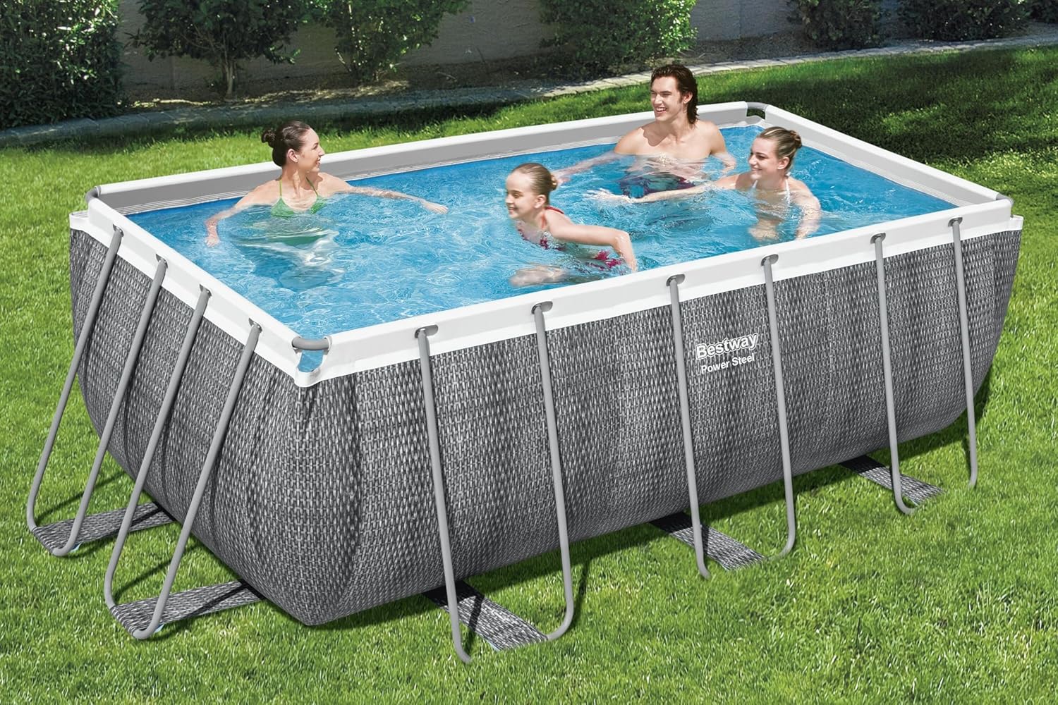 Bestway Power Steel™ Rectangular Above Ground Pool Set 13'6" x 6'7" x 48" (4.12m x 2.01m x 1.22m), Grey Rattan Design, Filter Pump & Ladder Included – Ages 18+