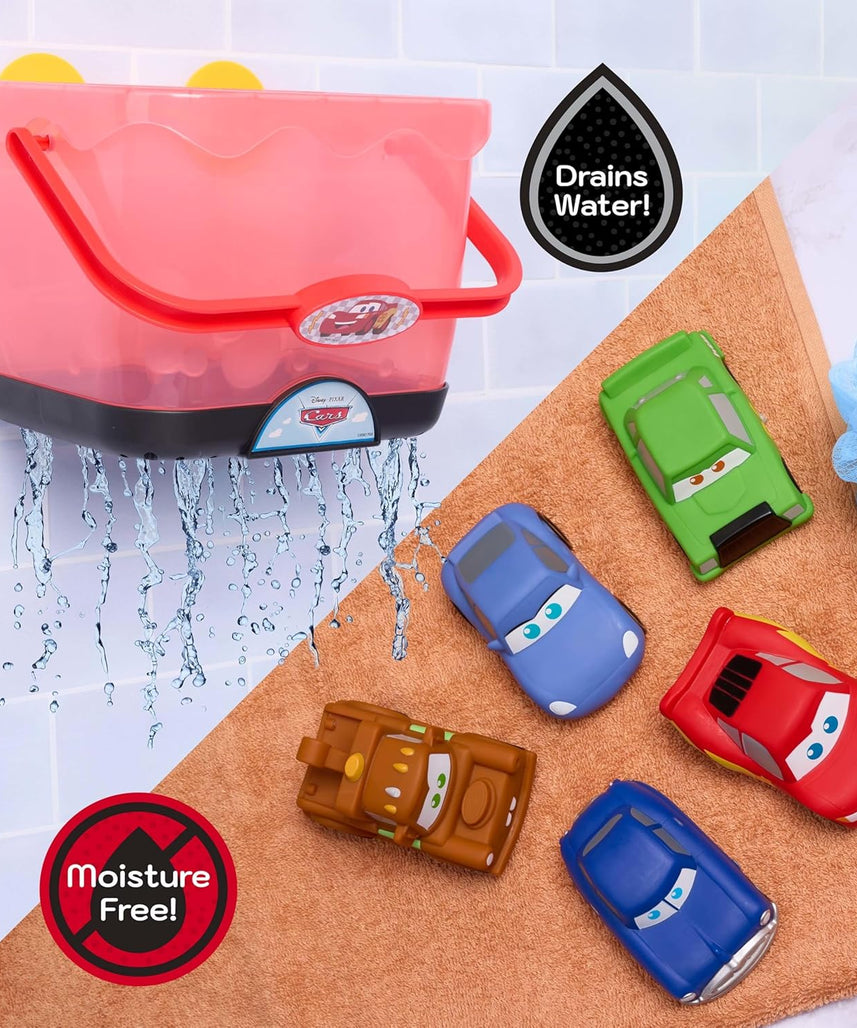Disney and Pixar Cars Bath Caddy, 6-pieces, 5 Bath Toy Figures Sealed for Safety, Attaches to Wall, Bath Toy for Fans, Girls, Boys, Kids, Ages 3 and Up