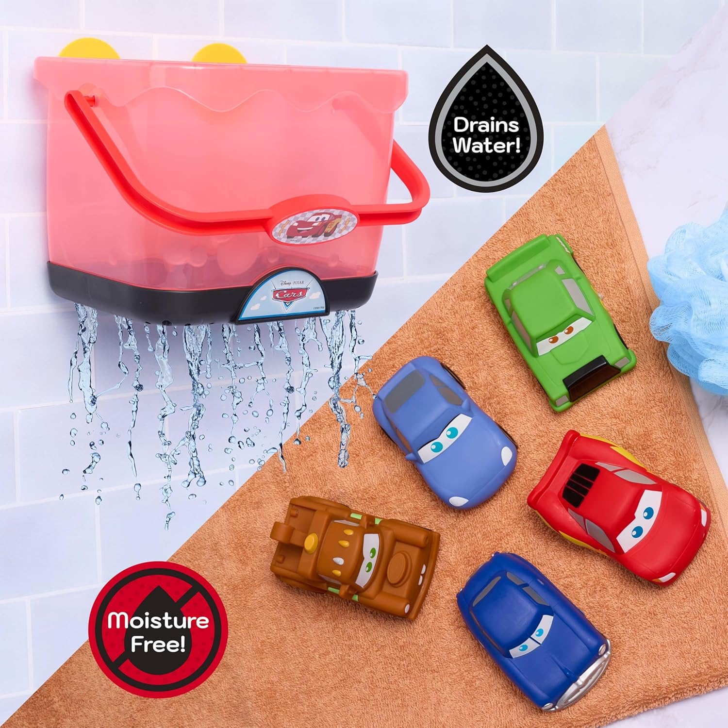 Disney and Pixar Cars Bath Caddy, 6-pieces, 5 Bath Toy Figures Sealed for Safety, Attaches to Wall, Bath Toy for Fans, Girls, Boys, Kids, Ages 3 and Up