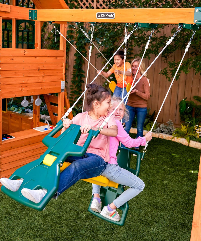 KidKraft Falcon Ridge Wooden Swing Set / Playset – Outdoor Playhouse with Slides, Swings, Rock Wall, Clubhouse, and Deluxe Kitchen for Kids Age 3-10 Years