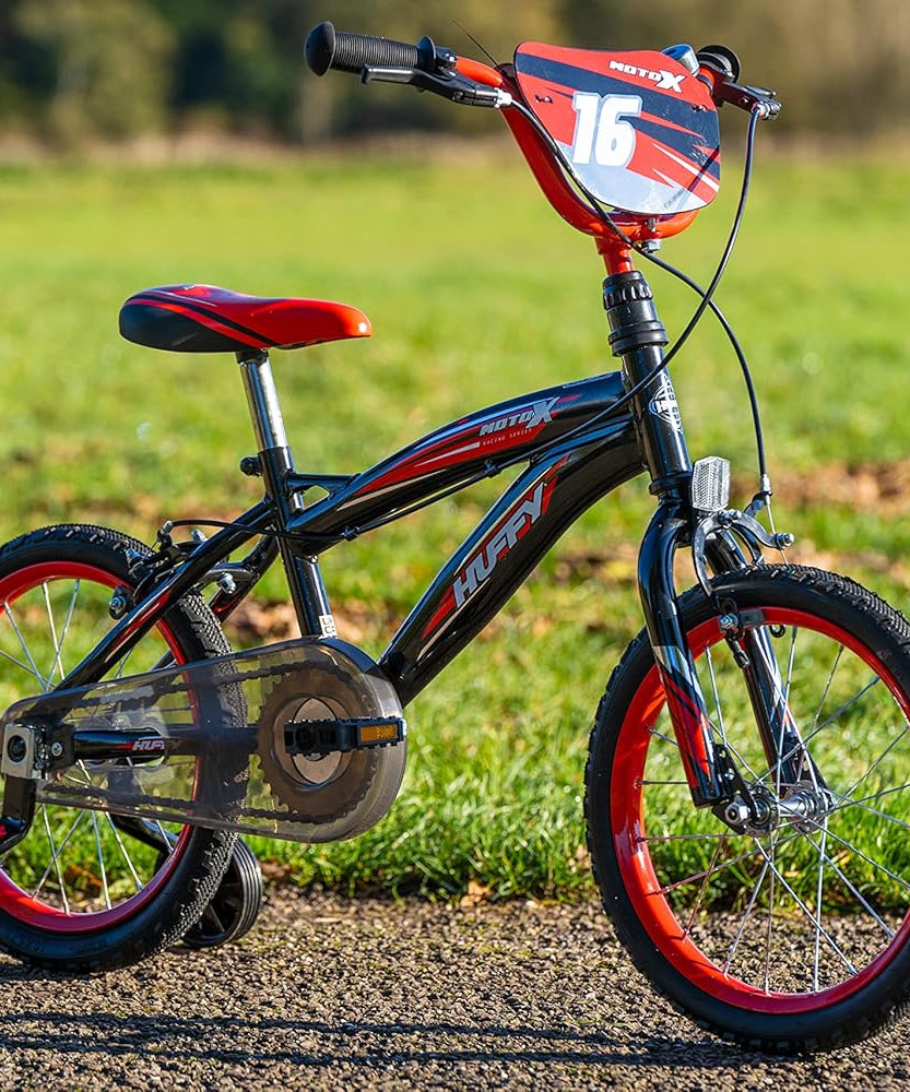 Huffy Moto X 16 Inch Kids Bike, Black, Unisex Youth Bicycle with Stabilisers, BMX Styling, Quick Connect Assembly, Ages 5-7