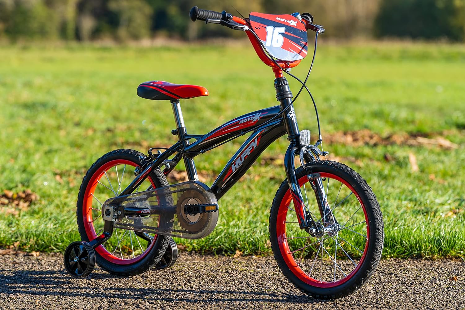 Huffy Moto X 16 Inch Kids Bike, Black, Unisex Youth Bicycle with Stabilisers, BMX Styling, Quick Connect Assembly, Ages 5-7