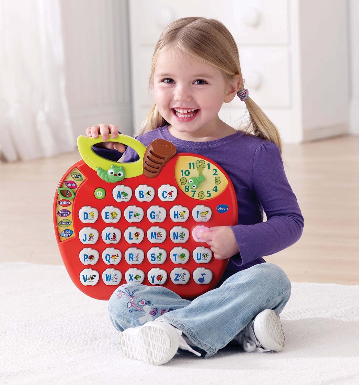 VTech Alphabet Apple Interactive Preschool Learning Toy with Letter Buttons Songs Clock and Talking Worm Multicolour 2+
