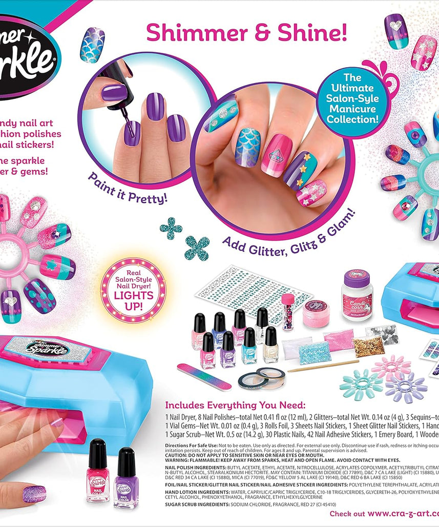 Shimmer 'n Sparkle Ultimate Glitter Nail Designer Set, All-in-One Salon Kit with Light-Up Nail Dryer, 8 Nail Polishes, Glitter, Gems, Nail Stickers & Press-On Rings, Creative Nail Art Kit for Kids Girls Ages 8+