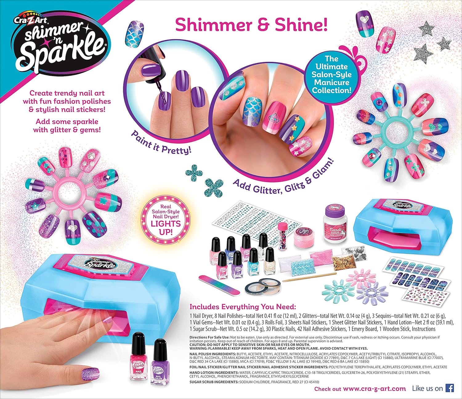 Shimmer 'n Sparkle Ultimate Glitter Nail Designer Set, All-in-One Salon Kit with Light-Up Nail Dryer, 8 Nail Polishes, Glitter, Gems, Nail Stickers & Press-On Rings, Creative Nail Art Kit for Kids Girls Ages 8+