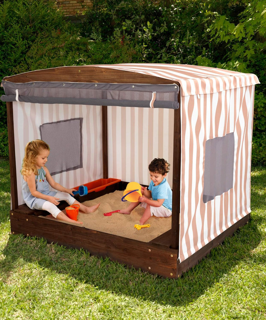 KidKraft 504 Cabana Sandbox, Wooden Outdoor Sandpit Playset, Mesh Canopy Cover, Storage Bins, Weather Resistant Wood, Backyard Sandbox for Kids Ages 2 to 8