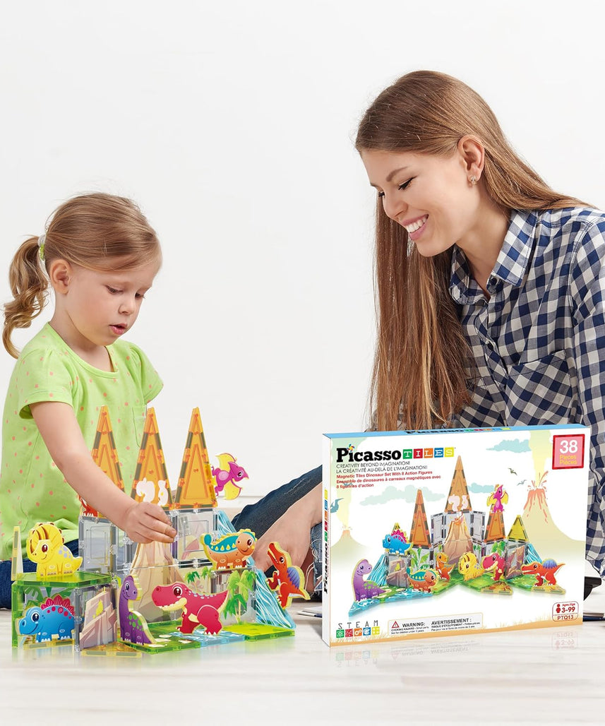PicassoTiles 38pc Magnet Tiles Building Blocks Dinosaur Theme Set with 8 Magnetized Action Figures Magnetic Construction Build and Play Toys with Magnets STEM Learning Activities for Toddlers 3+ PTQ13