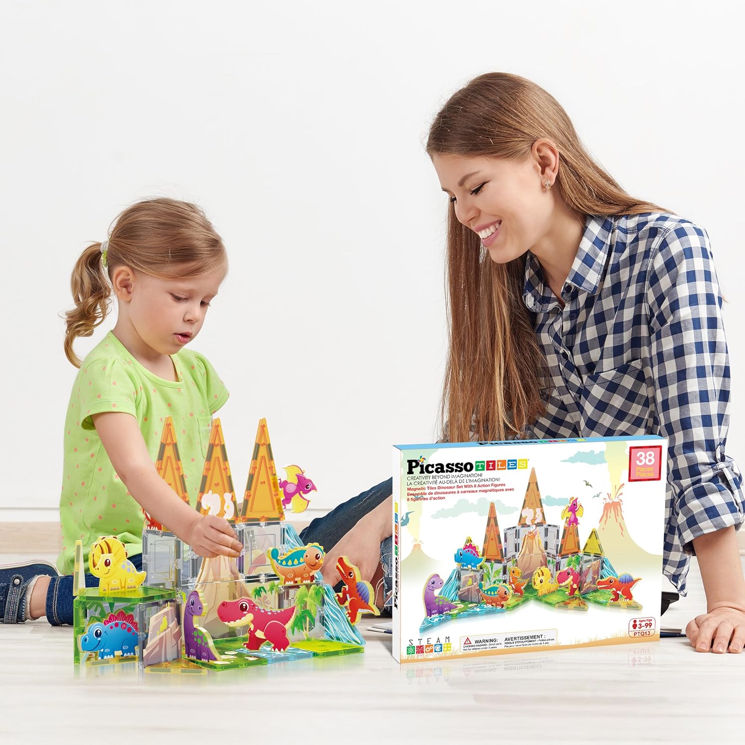 PicassoTiles 38pc Magnet Tiles Building Blocks Dinosaur Theme Set with 8 Magnetized Action Figures Magnetic Construction Build and Play Toys with Magnets STEM Learning Activities for Toddlers 3+ PTQ13