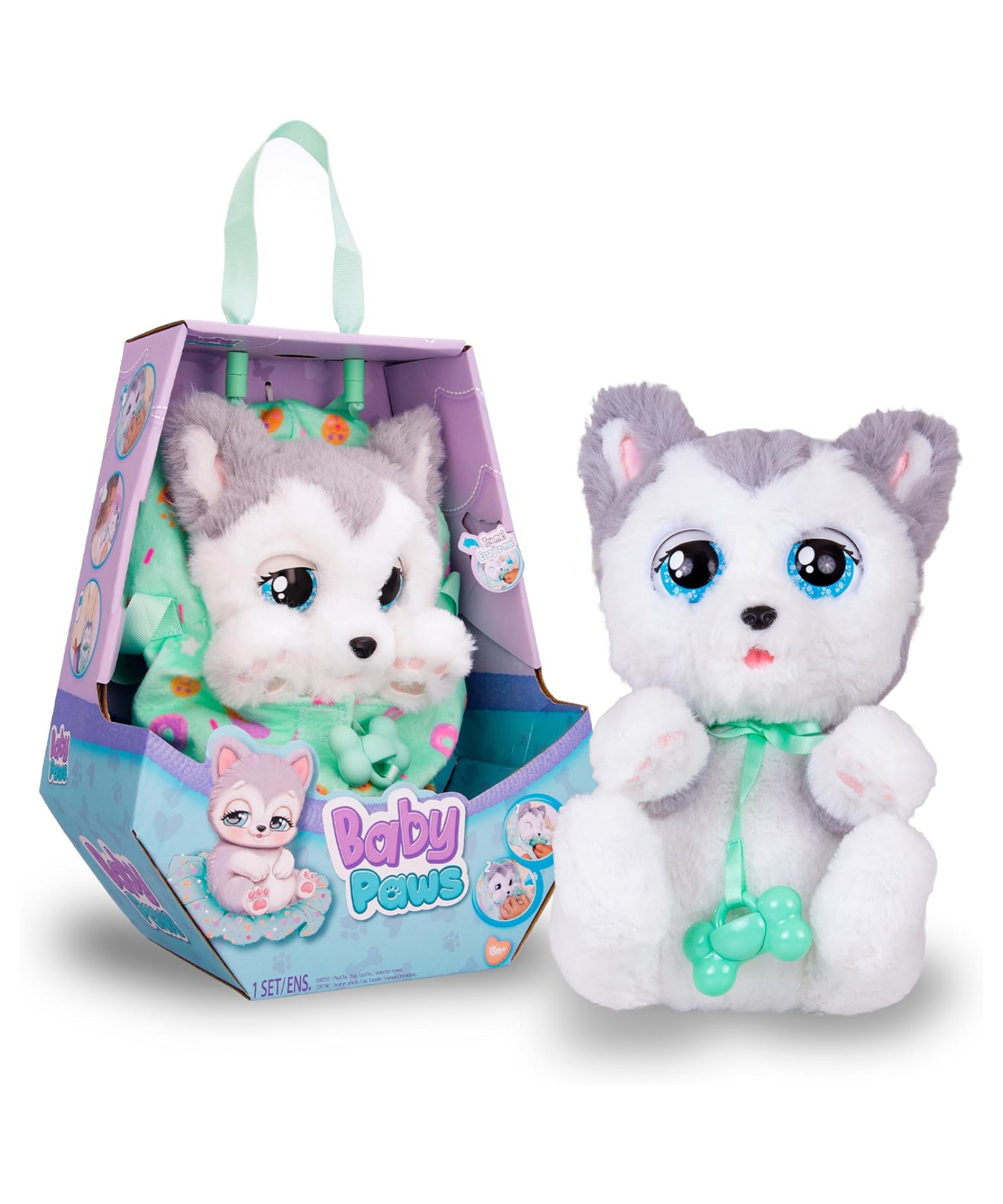 جراء نائمة من بيبي باوز، هاسكي، لعبة جرو تفاعلية من القطيفة مقاس 9.5 بوصة مع حقيبة حمل، لعبة تظاهر للأطفال مع مؤثرات صوتية، مناسبة للأولاد والبنات من سن 18 شهرًا فما فوق