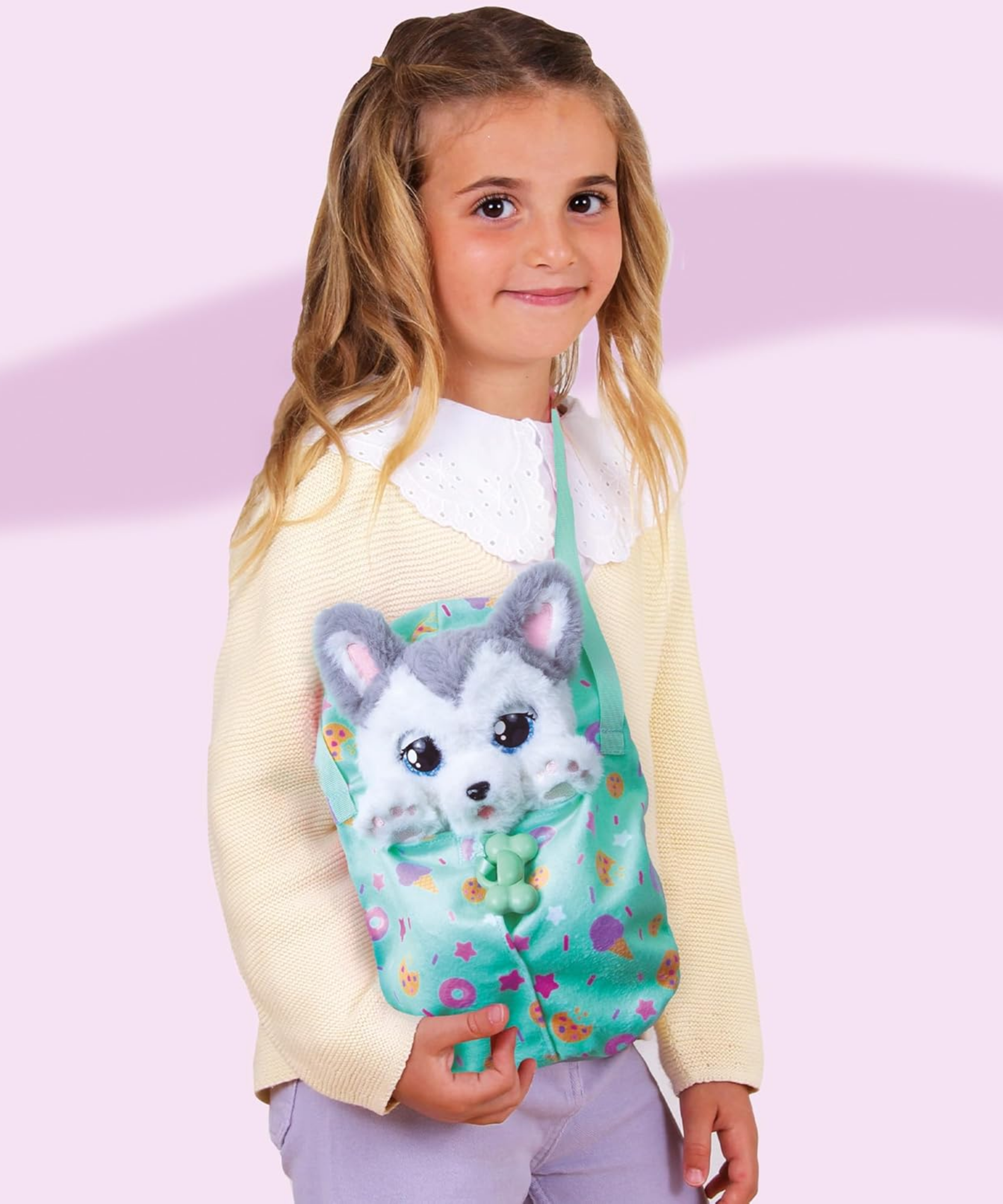 جراء نائمة من بيبي باوز، هاسكي، لعبة جرو تفاعلية من القطيفة مقاس 9.5 بوصة مع حقيبة حمل، لعبة تظاهر للأطفال مع مؤثرات صوتية، مناسبة للأولاد والبنات من سن 18 شهرًا فما فوق