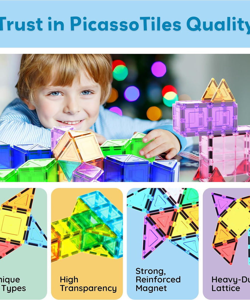 PicassoTiles 101pcs Magnetic Building Block Toy + Case Set Magnet Tile Construction Blocks for Ages 3 and Up Educational Kit Child Brain Development Learning Playset in Portable Travel Carry Bin