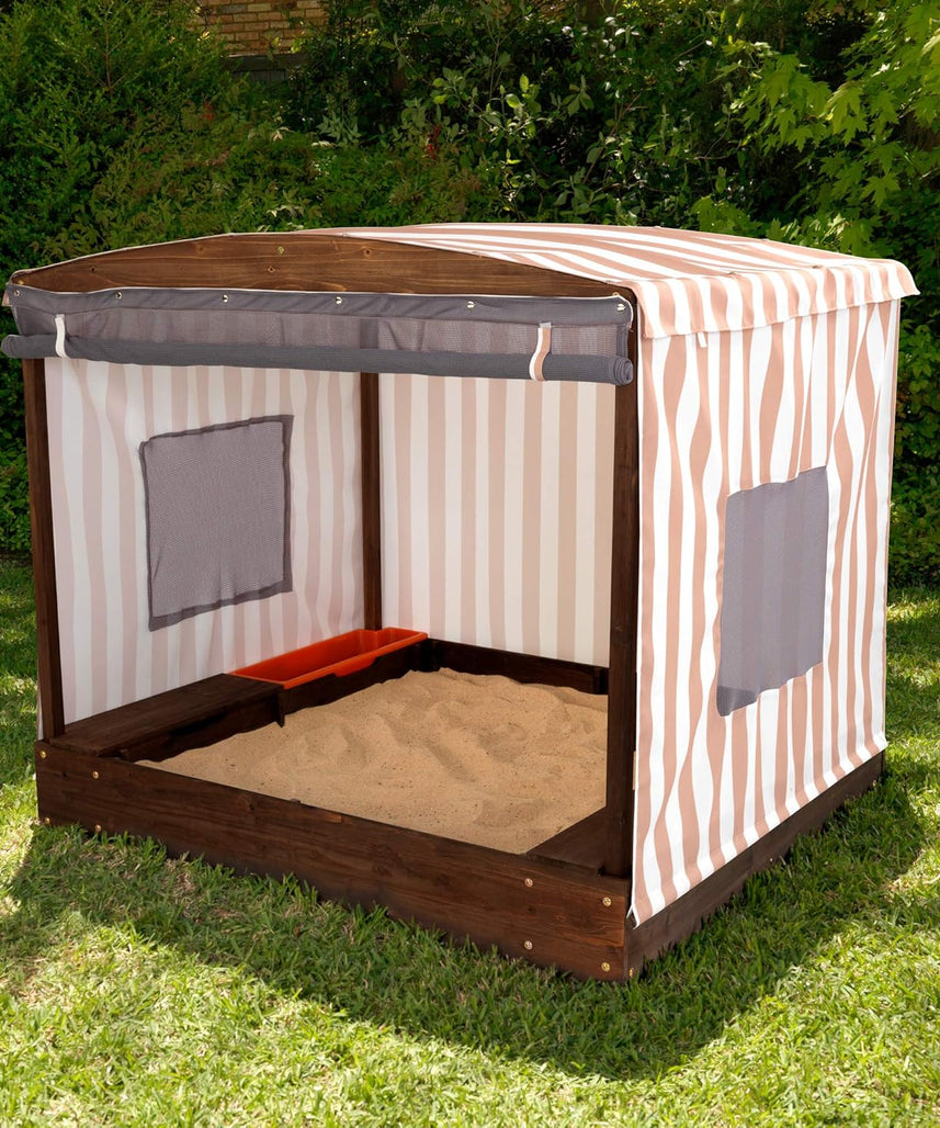 KidKraft 504 Cabana Sandbox, Wooden Outdoor Sandpit Playset, Mesh Canopy Cover, Storage Bins, Weather Resistant Wood, Backyard Sandbox for Kids Ages 2 to 8