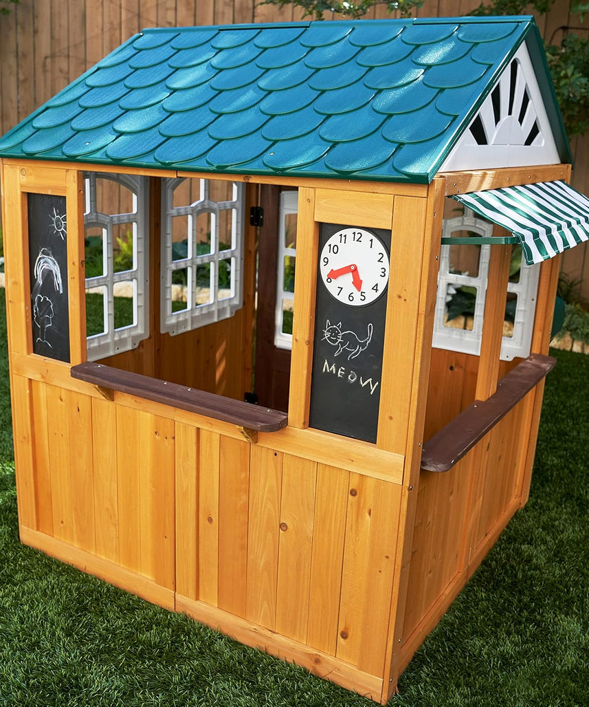 KidKraft 405 Garden View Wooden Outdoor Playhouse, Backyard Playhouse with Café Style Windows, Interactive Accessories, Ages 3 to 8, EZ Kraft Assembly, Weather Resistant Wood