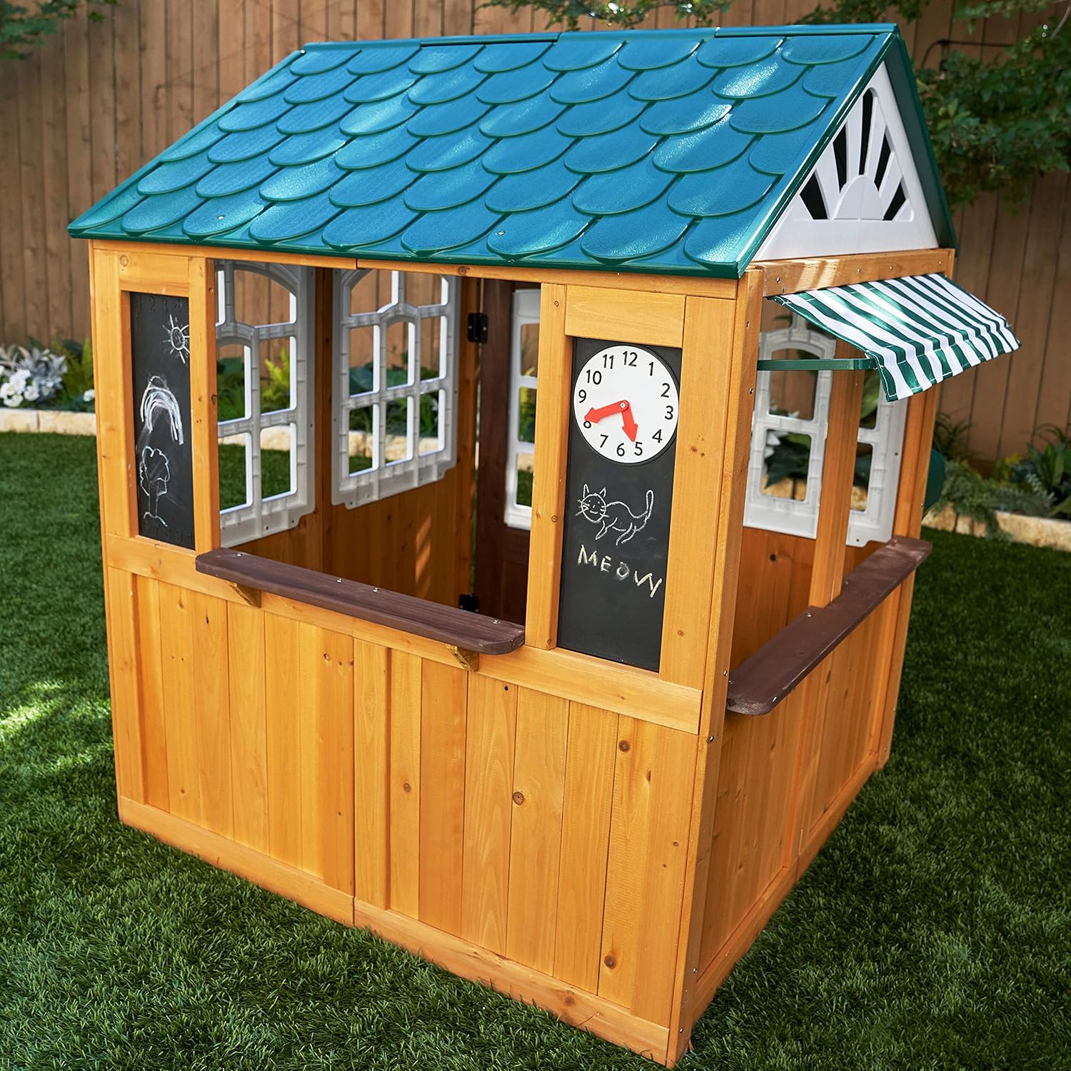 KidKraft 405 Garden View Wooden Outdoor Playhouse, Backyard Playhouse with Café Style Windows, Interactive Accessories, Ages 3 to 8, EZ Kraft Assembly, Weather Resistant Wood