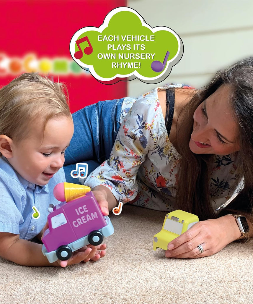 Cocomelon Build & Reveal Musical Vehicles Playset, Interactive Nursery Rhyme Toys with Mess-Free Water Painting, Hidden Characters & Sensory Learning for Kids