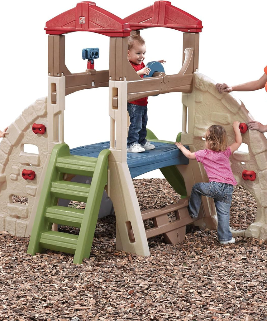 لعبة تسلق جبال الألب من ستيب 2 مع زلاجة للأطفال بعمر سنتين فما فوق، مجموعة ألعاب خارجية مع 5 جدران تسلق، زلاجة، أنفاق زحف، وعجلة قيادة، ومجموعات ألعاب ومعدات ملعب