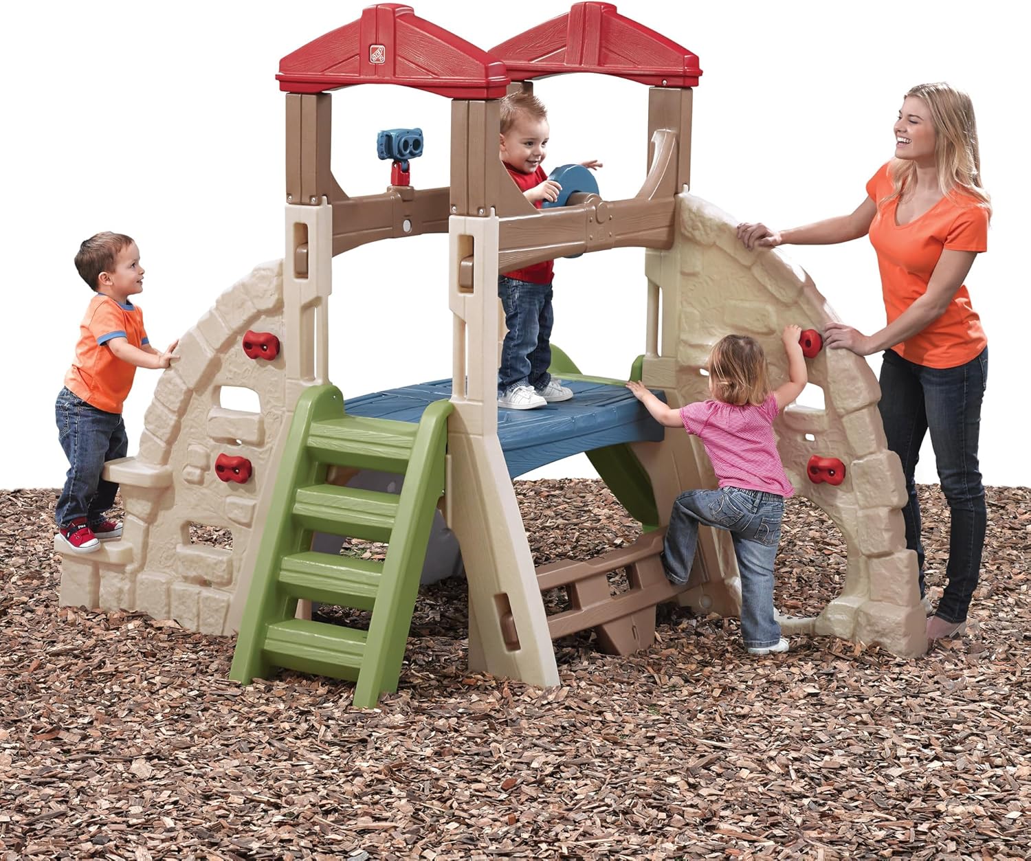 لعبة تسلق جبال الألب من ستيب 2 مع زلاجة للأطفال بعمر سنتين فما فوق، مجموعة ألعاب خارجية مع 5 جدران تسلق، زلاجة، أنفاق زحف، وعجلة قيادة، ومجموعات ألعاب ومعدات ملعب