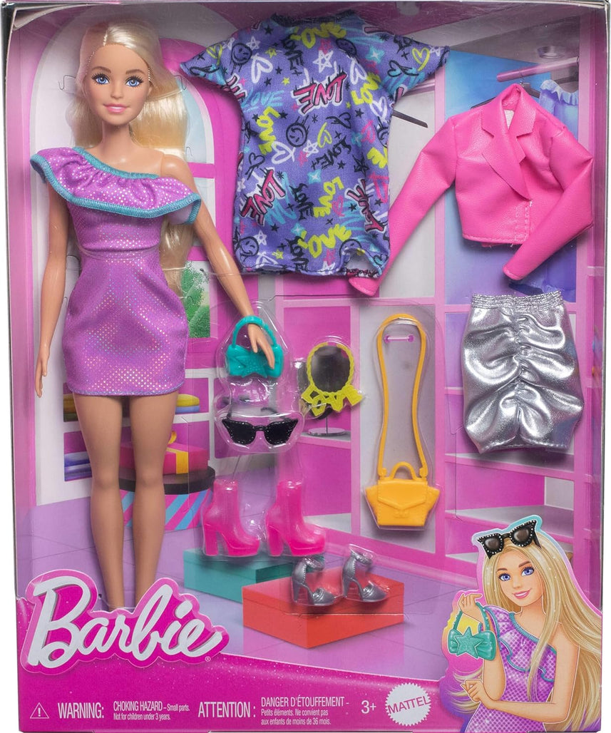 Barbie Doll with Blond Hair, 3 Party-Themed Mix-and-Match Outfits, Clothes, Purses, Heels & Accessories, Fashion Playset for Kids 3+
