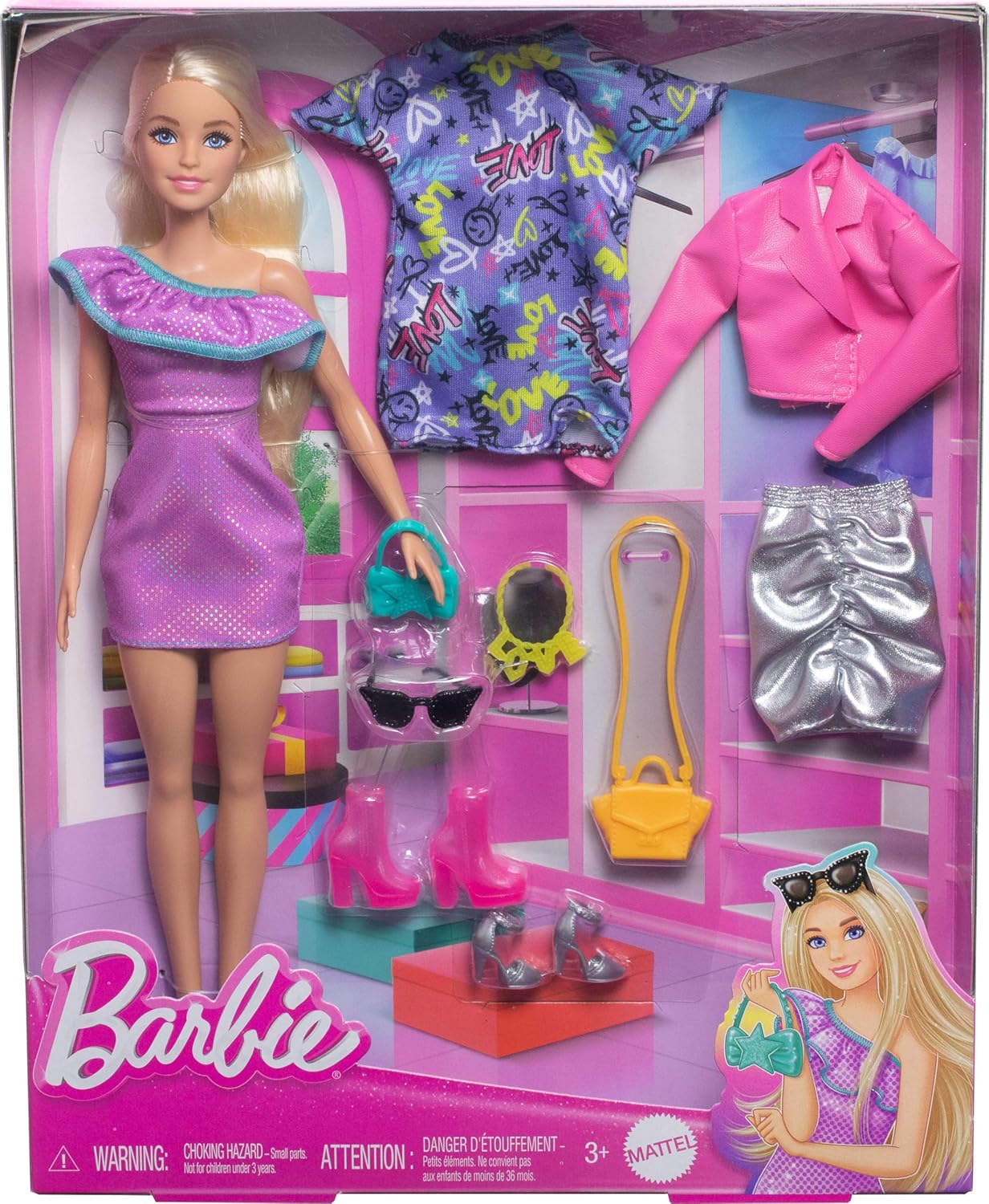 Barbie Doll with Blond Hair, 3 Party-Themed Mix-and-Match Outfits, Clothes, Purses, Heels & Accessories, Fashion Playset for Kids 3+