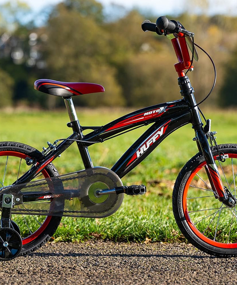 Huffy Moto X 16 Inch Kids Bike, Black, Unisex Youth Bicycle with Stabilisers, BMX Styling, Quick Connect Assembly, Ages 5-7
