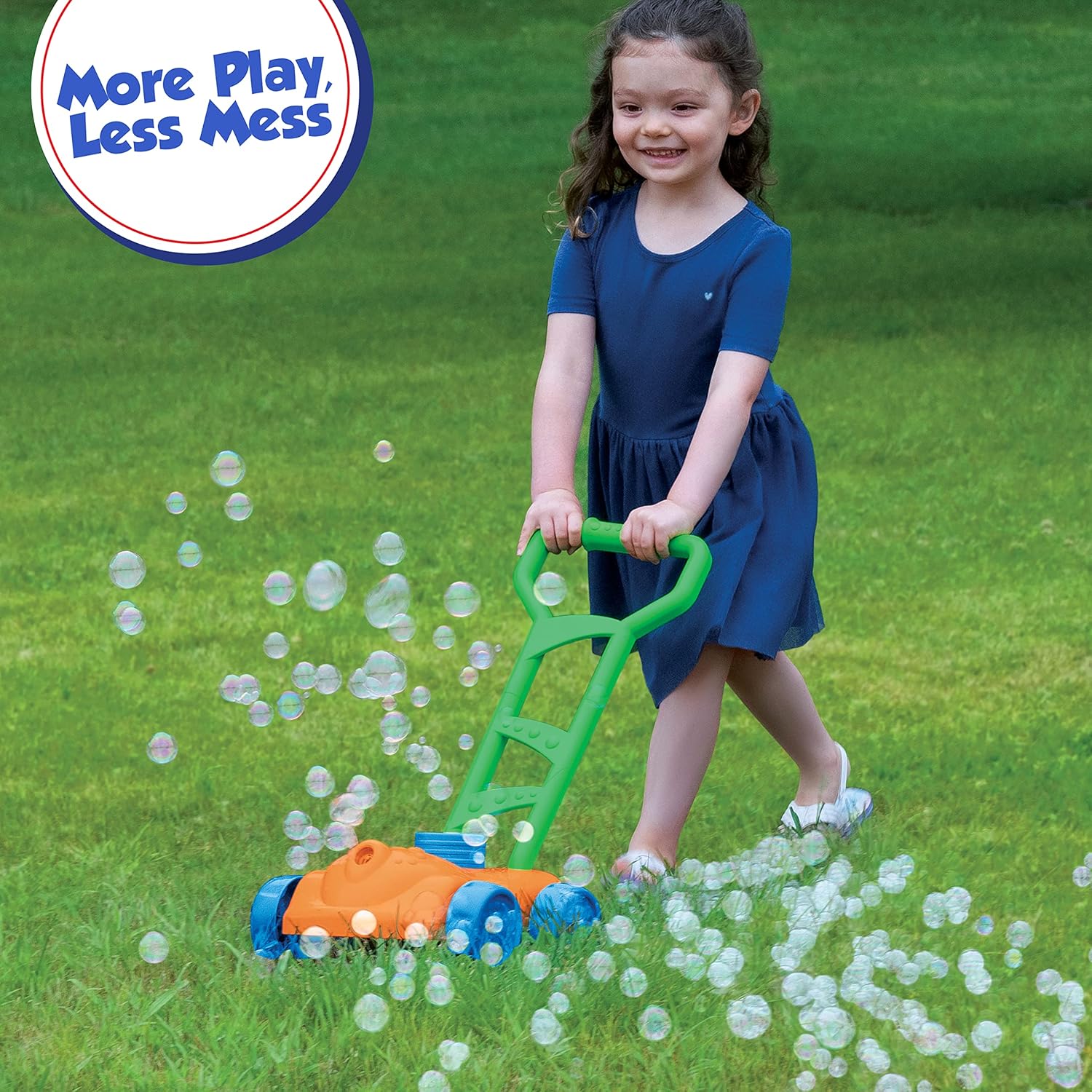 Little Kids Fubbles No Spill Bubble Lawn Mower, Automatic Bubble Blower Machine, Toddler Outdoor Bubble Toy, Includes 4oz Non Toxic Solution, Continuous Bubble Play, Soft Grip Handle, Pretend Play Lawn Mower for Boys and Girls, Ages 3 Plus