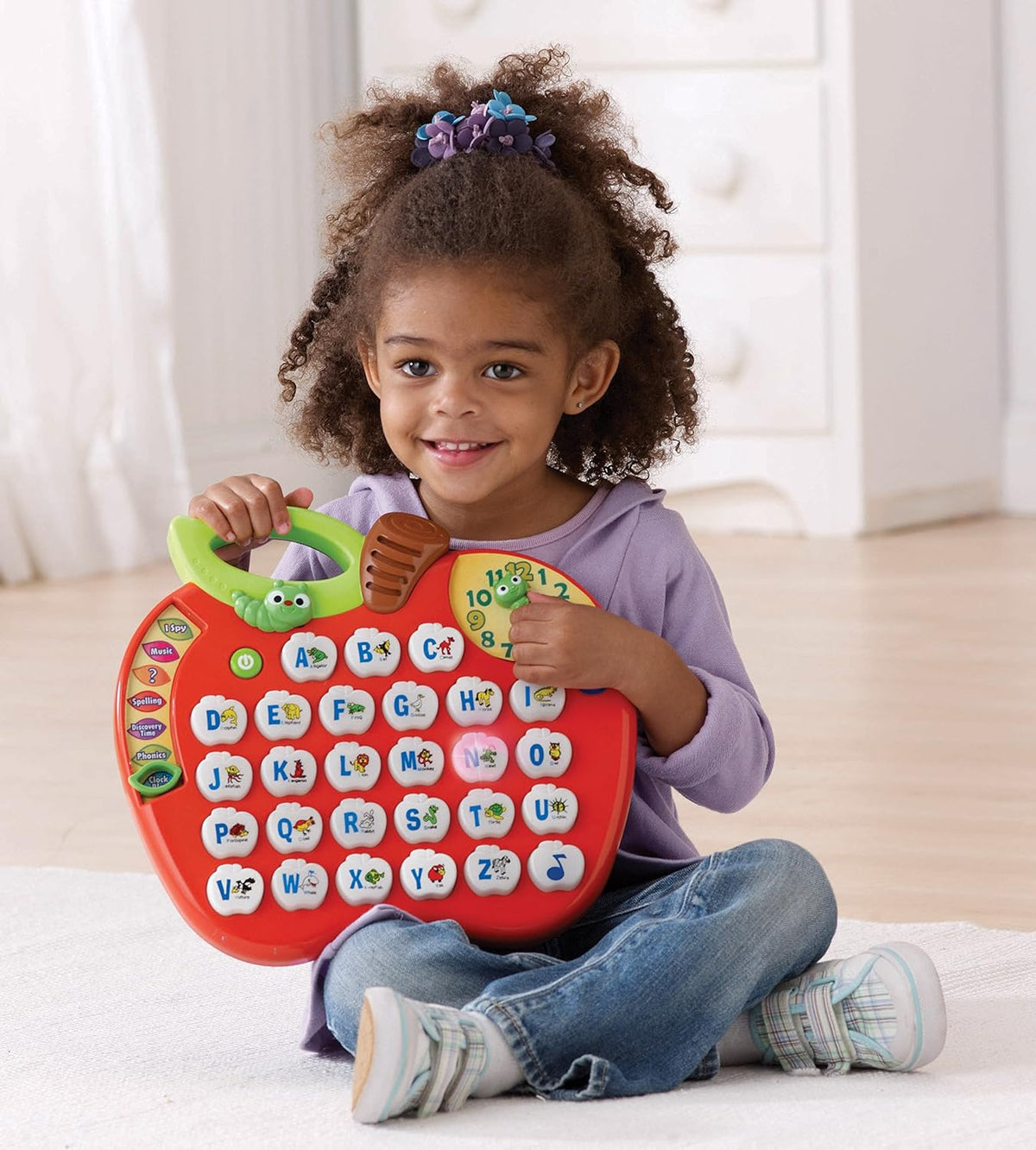 VTech Alphabet Apple Interactive Preschool Learning Toy with Letter Buttons Songs Clock and Talking Worm Multicolour 2+