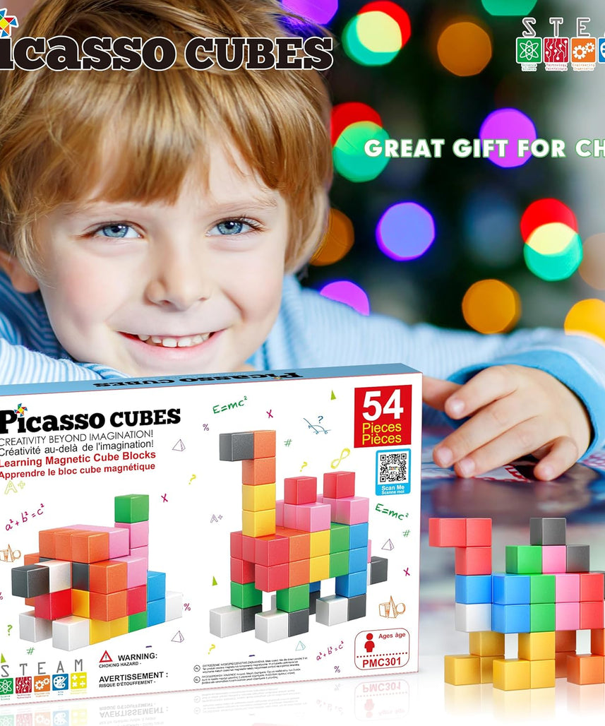 PicassoTiles Magnet Cube Building Blocks 54 Pieces 1.2" 3CM Magnetic Cubes Toy Construction Building Educational Sensory Toys with Idea Booklet for School & Preschool Kids Boys Girls Toddlers PMC301