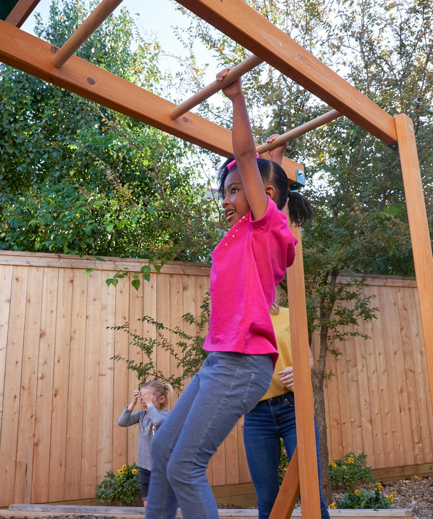 KidKraft Brightside Wooden Swing Set with High-Rail Wave Slide, Rock Wall, Upper Clubhouse, Monkey Bars, Sandbox and Belt Swings, Outdoor Backyard Playset for Kids Ages 3 to 10