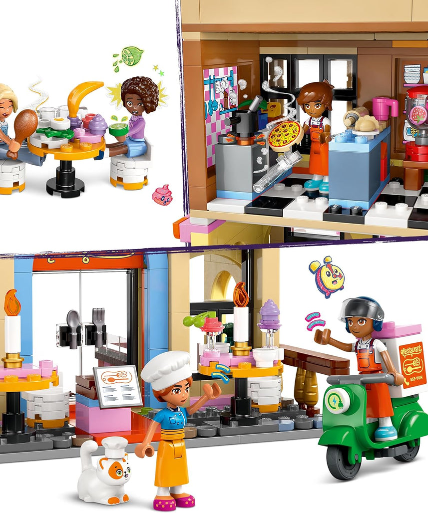 LEGO Friends Restaurant and Cooking School, Pretend-Play Food Role-Play Toy, Kids’ Building Kit for Girls and Boys Aged 8 Years Old and Over, 4 Minidolls and a Cat Figure, Promotes Social Skills 42655