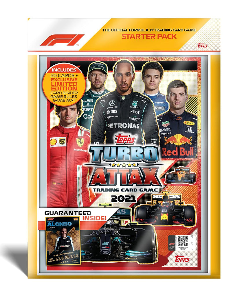 Topps Turbo Attax F1 2021 Trading Cards Starter Pack, Includes Gold Fernando Alonso Limited Edition, Collector Binder, Game Mat and Checklist
