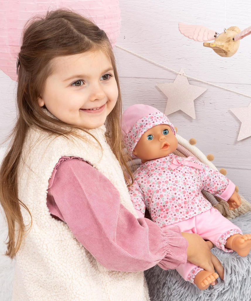 Bayer Baby Doll Play Set 36cm, Soft Body Cuddly Baby Doll with Extra Outfit & Hat, Feeding Accessories (Plate, Spoon, Fork), Pretend Play Toy for Kids, Lightweight Doll for Toddlers