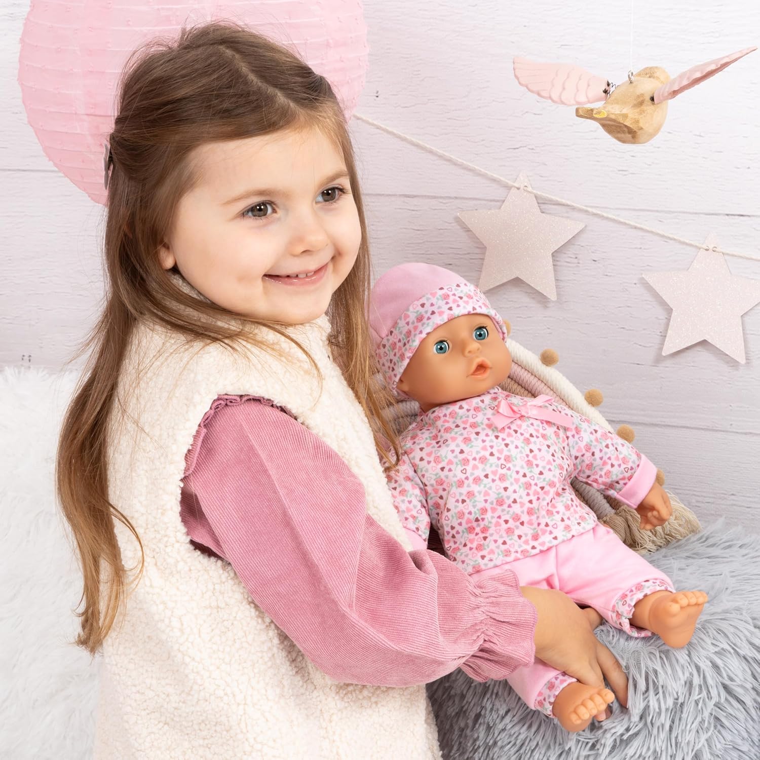 Bayer Baby Doll Play Set 36cm, Soft Body Cuddly Baby Doll with Extra Outfit & Hat, Feeding Accessories (Plate, Spoon, Fork), Pretend Play Toy for Kids, Lightweight Doll for Toddlers