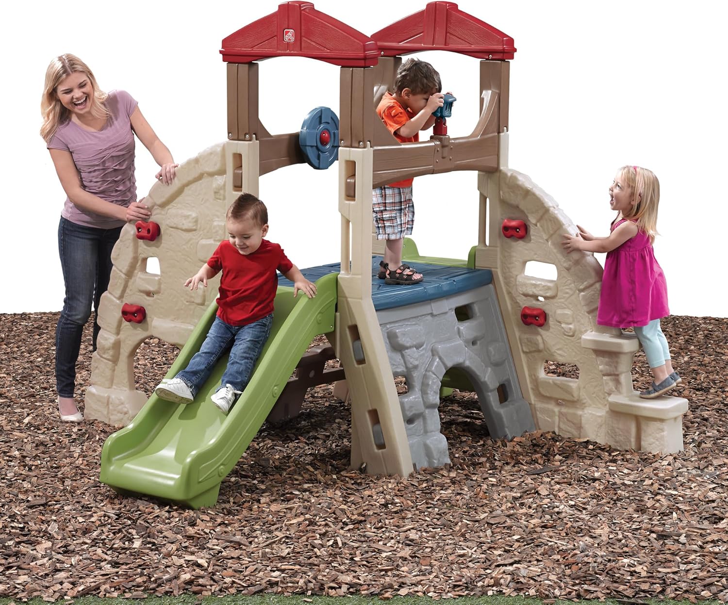 لعبة تسلق جبال الألب من ستيب 2 مع زلاجة للأطفال بعمر سنتين فما فوق، مجموعة ألعاب خارجية مع 5 جدران تسلق، زلاجة، أنفاق زحف، وعجلة قيادة، ومجموعات ألعاب ومعدات ملعب