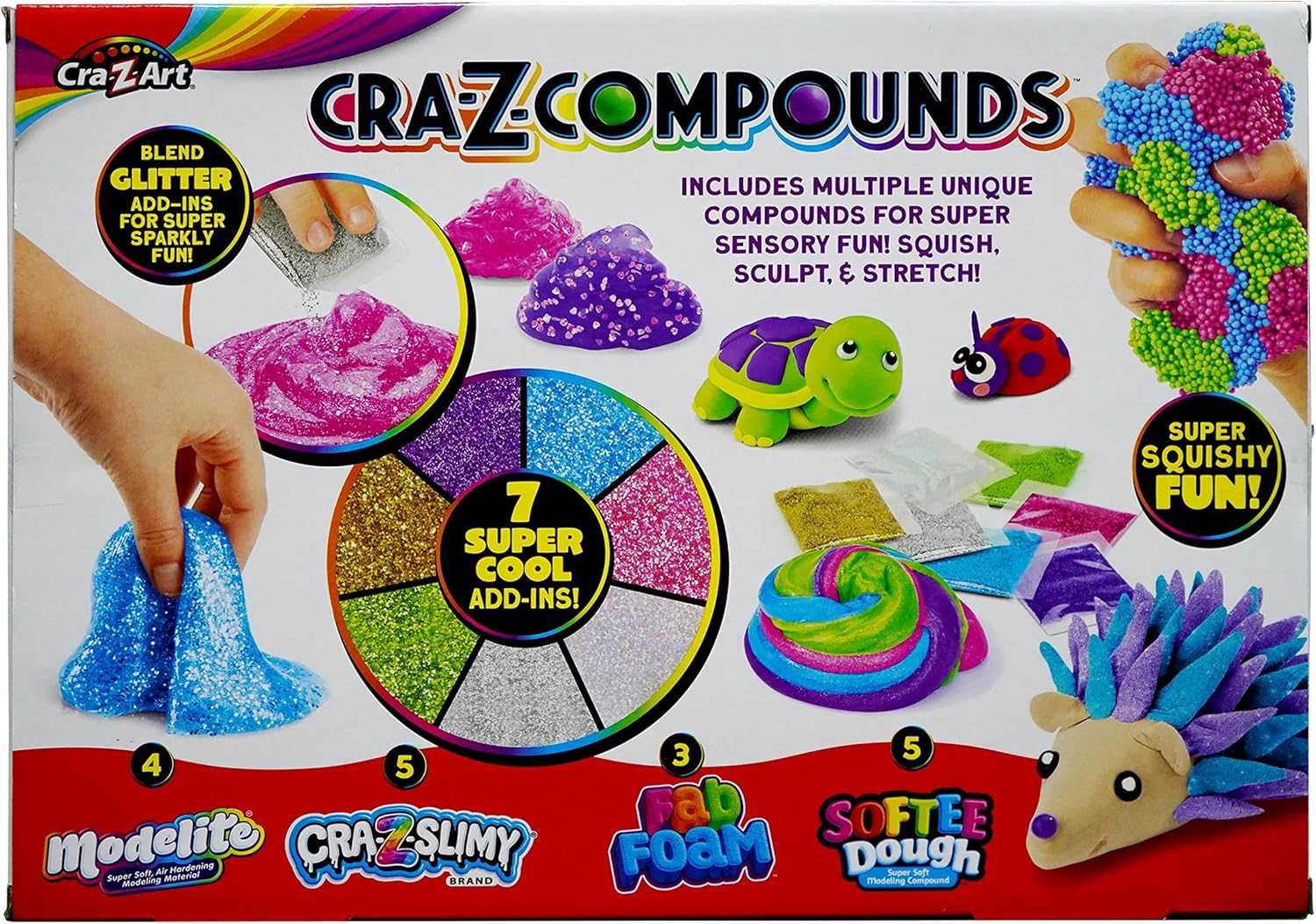 Cra-Z-Compounds Large Pack Super Squishy Sensory Play Kit, Includes Cra-Z Slimy, Softee Dough, Fab Foam, Modelite, Glitter Add-Ins, Arts and Crafts Compound Set for Kids 6+