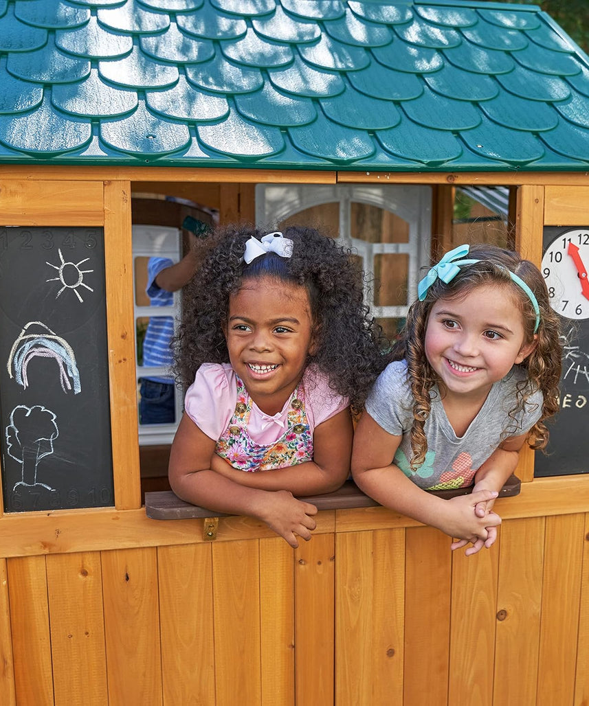 KidKraft 405 Garden View Wooden Outdoor Playhouse, Backyard Playhouse with Café Style Windows, Interactive Accessories, Ages 3 to 8, EZ Kraft Assembly, Weather Resistant Wood