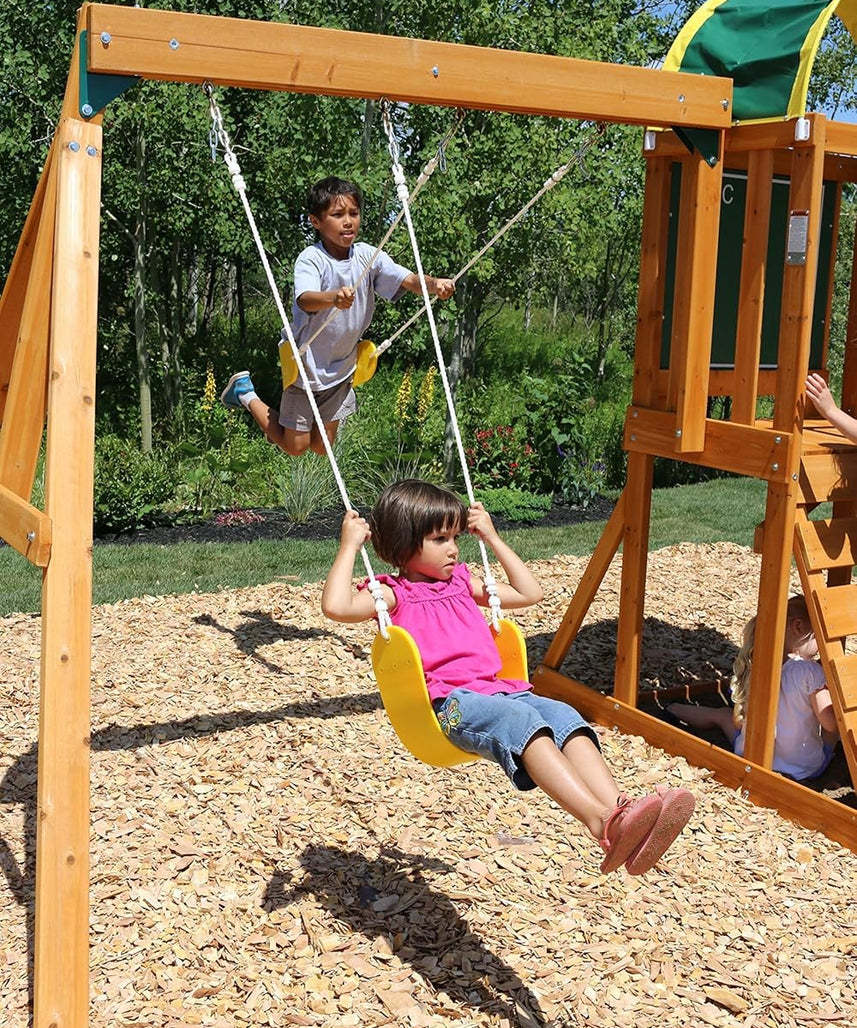 KidKraft Ainsley Outdoor Swing Set / Playset with High-Rail Wave Slide, Rock Wall, Upper-Level Clubhouse and Belt Swings, Multicolor Wooden Backyard Playset for Kids Ages 3 to 10