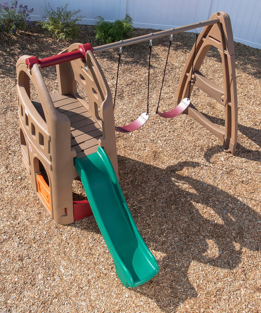 Step2 Naturally Playful Playhouse Climber, Swing Extension, Playhouse + Slide + Swings, Outdoor Playset for Kids 3+