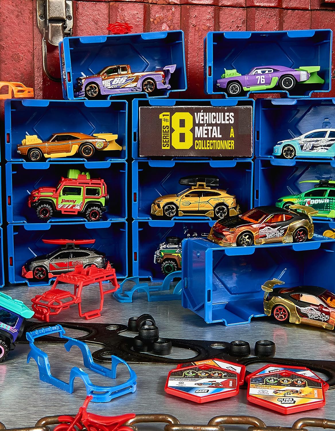 Majorette Tune Ups Series 1 – 4-Piece Metal Car Surprise Pack with 28 Tuning Accessories, Collectible Cars with Freewheel, Suspension, and Opening Parts, Ages 5+