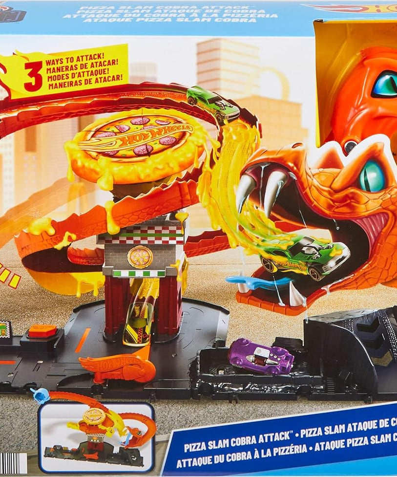Hot Wheels City Pizza Slam Cobra Attack Playset, Interactive City Track Set with Random Action Paths, Includes 1:64 Scale Die Cast Toy Car, 4+ Years