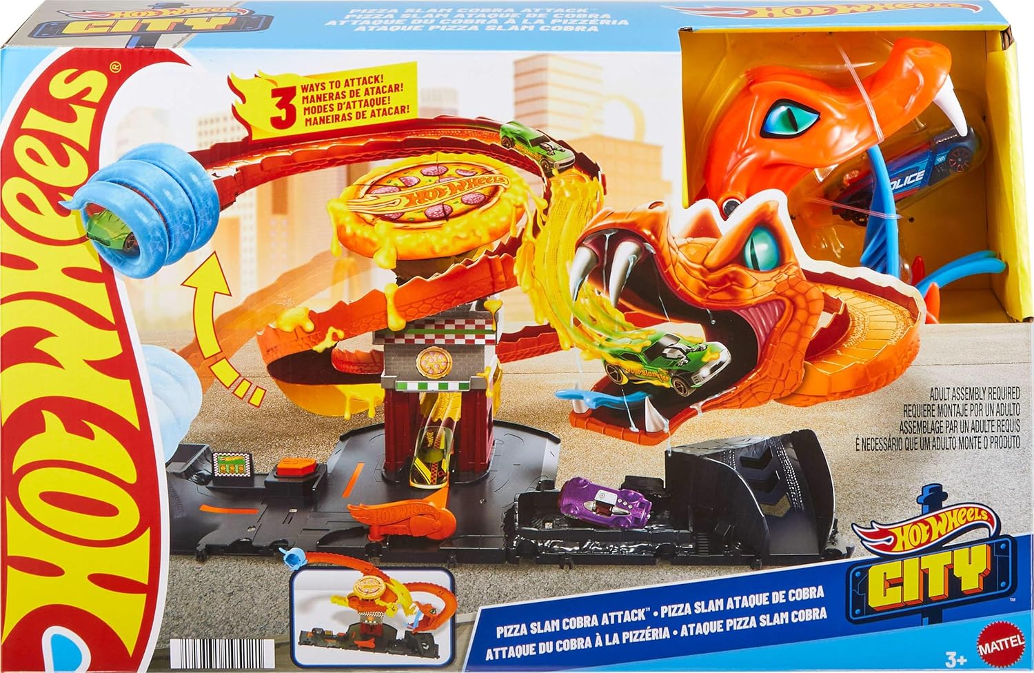 Hot Wheels City Pizza Slam Cobra Attack Playset, Interactive City Track Set with Random Action Paths, Includes 1:64 Scale Die Cast Toy Car, 4+ Years