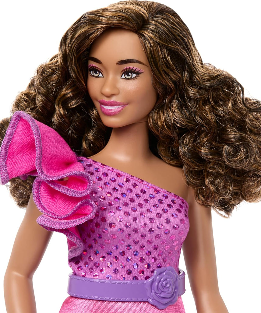 Barbie Fashionistas Doll #225, Curvy Body Type with Brown Hair, Pink Sparkly Dress & Accessories, 65th Anniversary Collectible Fashion Doll